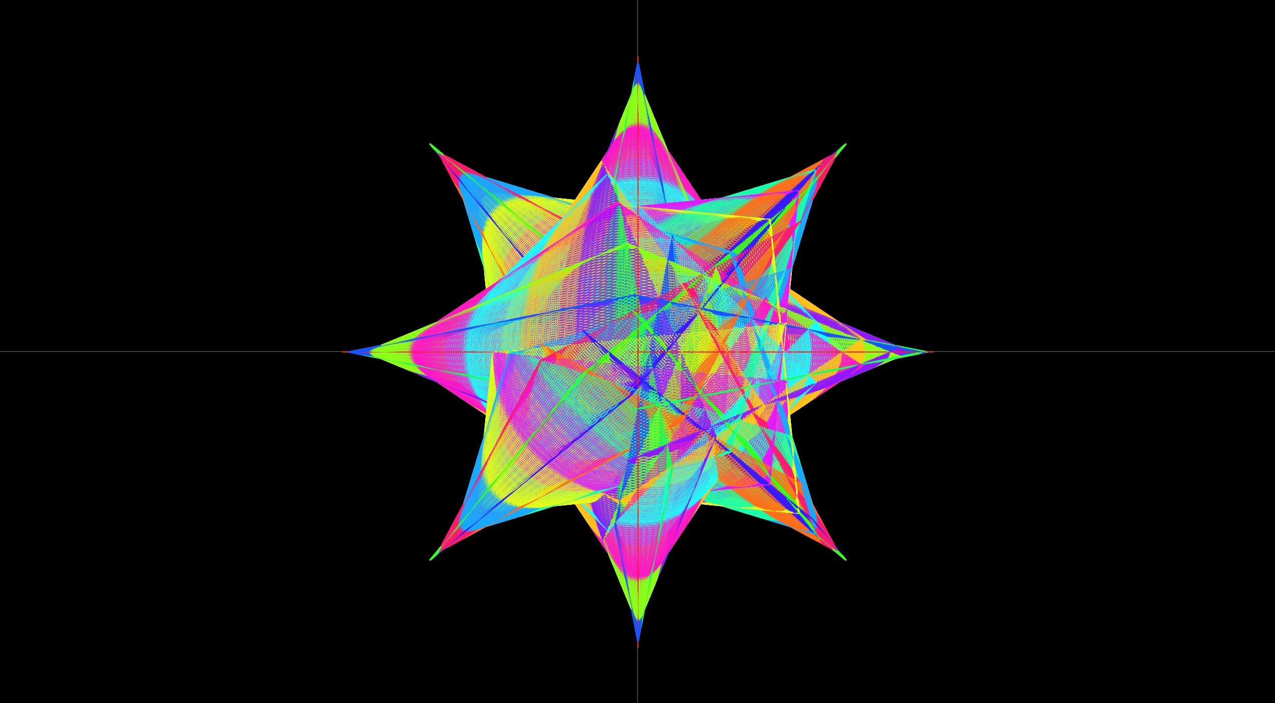 Bright bands of color weave through a dense eight-pointed geometric pattern